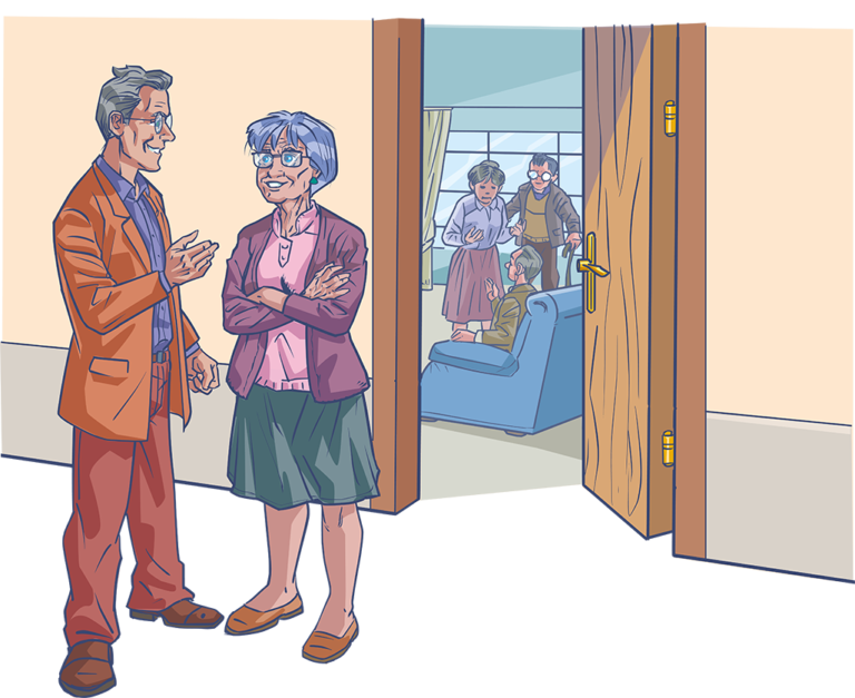 UBA Illustration Ein Mann und eine Frau sprechen vor einer offenen Türe miteinander. Mann sieht in das Zimmer vor welchen sie stehen. Im Zimmer findet eine Diskussion zwischen 3 Personen statt. Eine Frau und zwei Männer